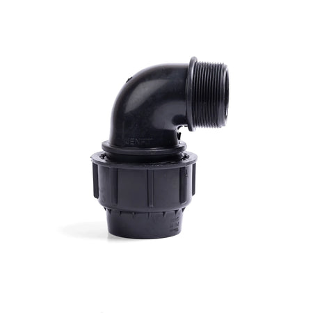 A black plastic Jenfit Male Elbow pipe fitting, 32mm x 1 1/4", shown upright with a 90-degree angle and threaded end.