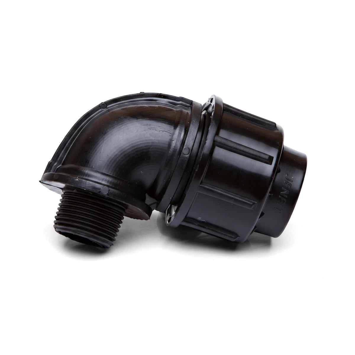 Black plastic Jenfit Male Elbow pipe fitting, 32mm x 1 inch, with threaded and compression ends.