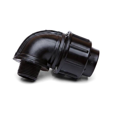 Black plastic Jenfit Male Elbow pipe fitting, 32mm x 1 inch, with threaded and compression ends.