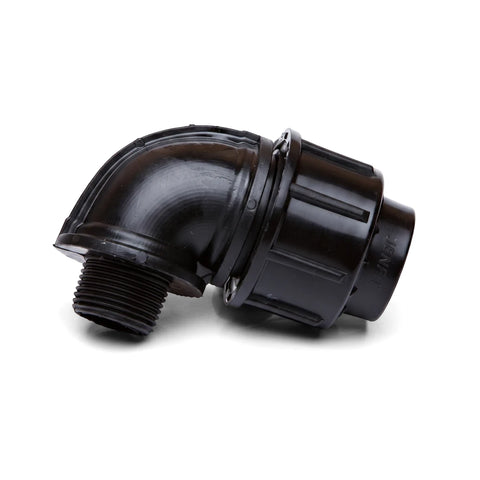 Black plastic Jenfit Male Elbow pipe fitting, 32mm x 1 inch, with threaded and compression ends.