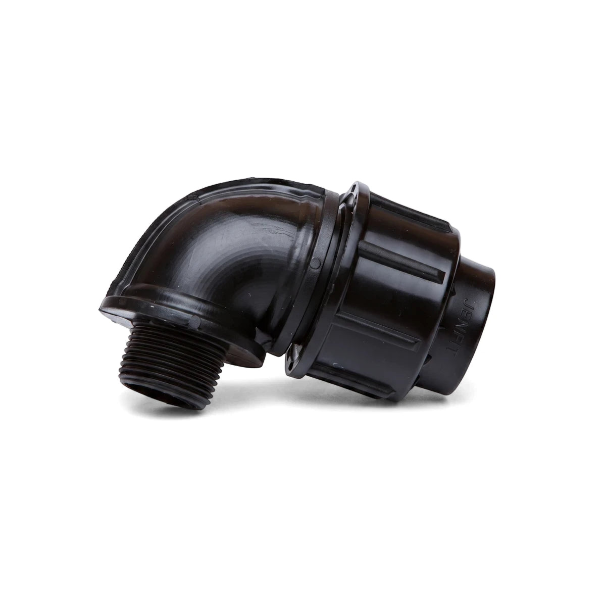 Black Jenfit Male Elbow 40mm x 1 1/2 inch plastic pipe fitting, angled view, featuring a threaded end and a compression
