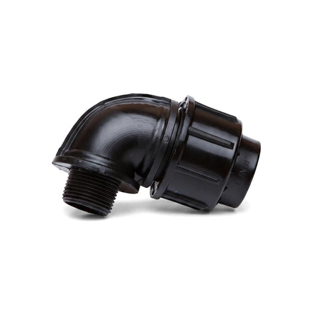 Black Jenfit Male Elbow 40mm x 1 1/2 inch plastic pipe fitting, angled view, featuring a threaded end and a compression