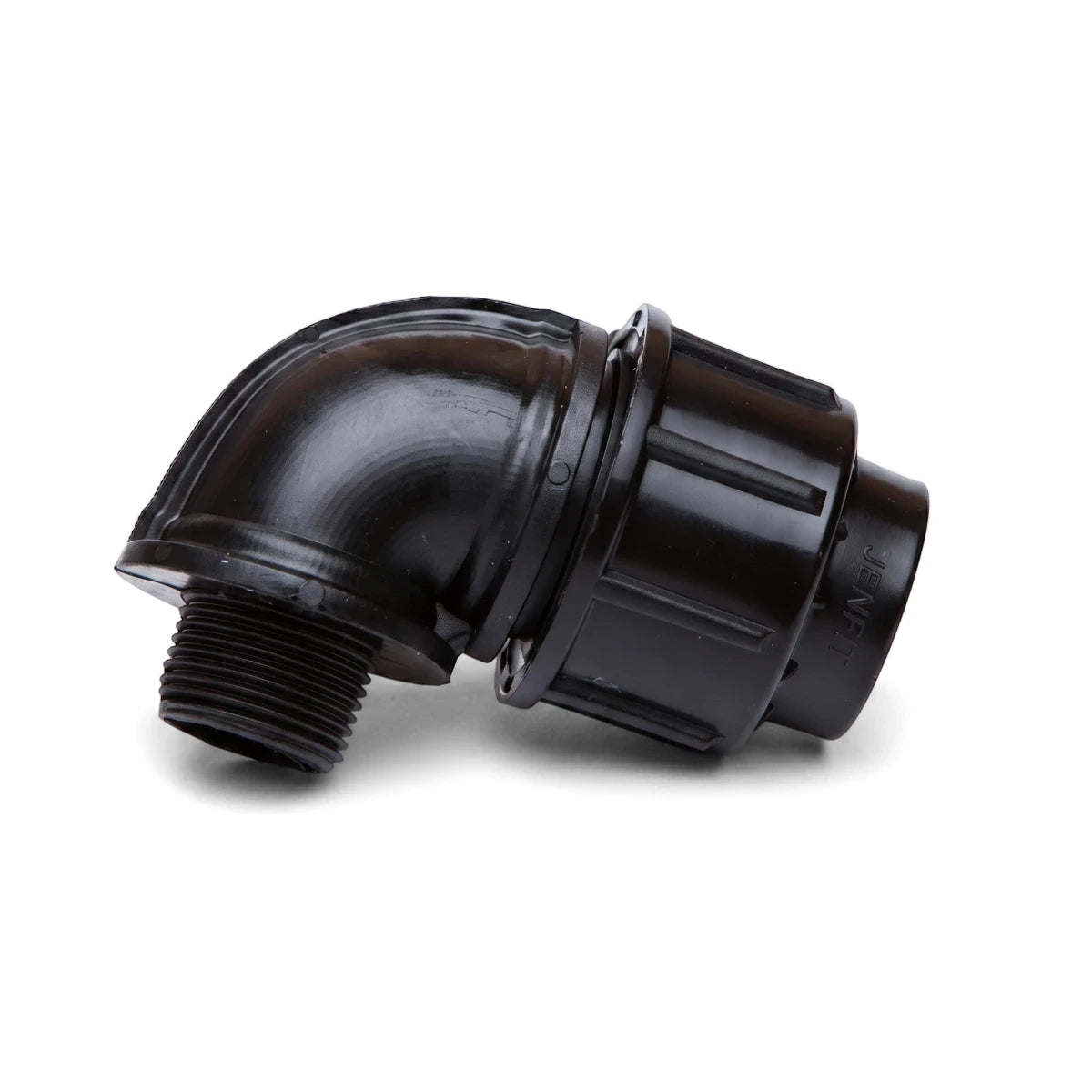 Black plastic Jenfit Male Elbow pipe fitting, 50mm x 1 1/2 inches, shown at a 90-degree angle.