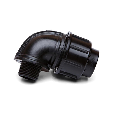 Black Jenfit male elbow, 50mm x 2 inch, plastic pipe fitting for plumbing and irrigation systems, viewed from an angle.