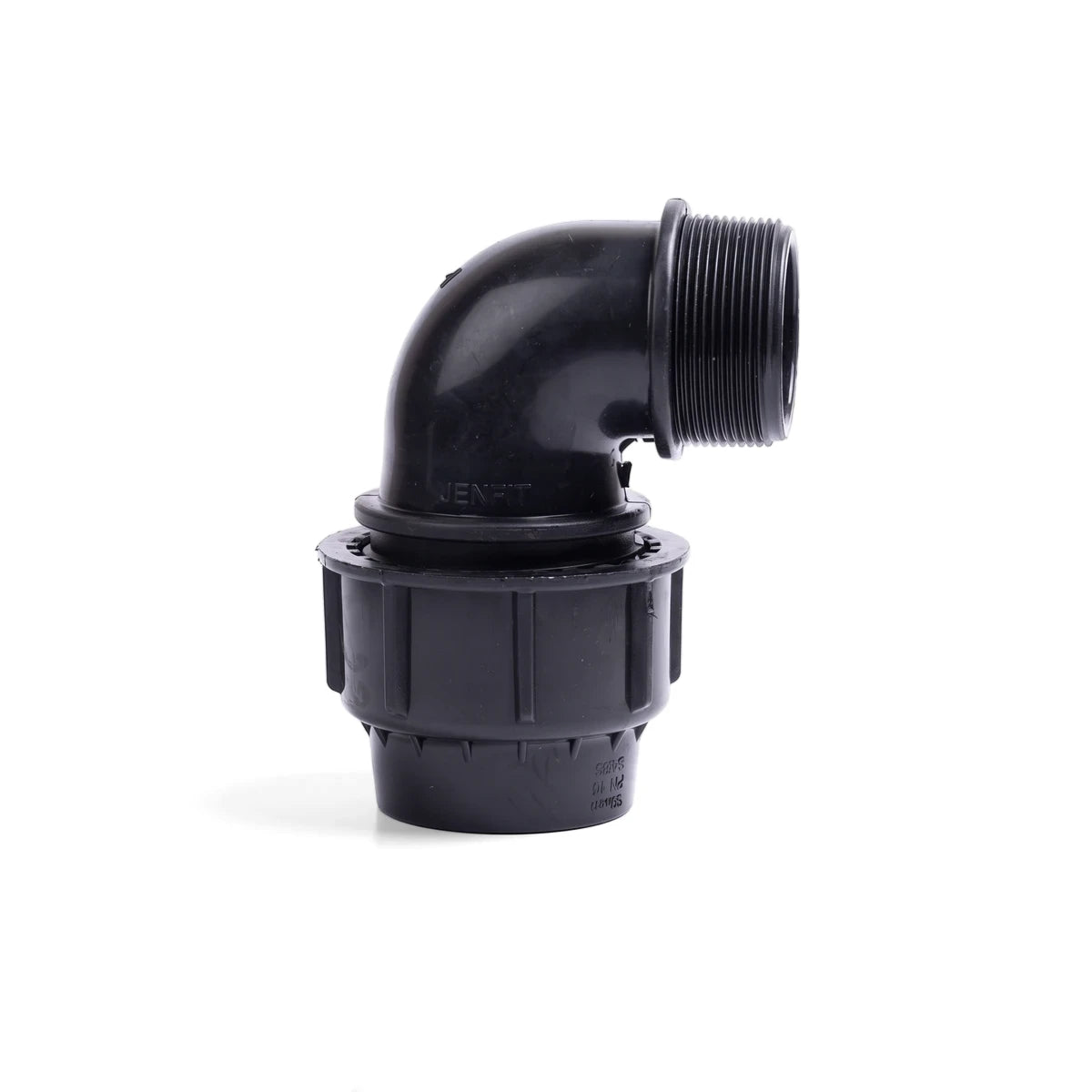 Black Jenfit male elbow fitting, 20mm x 3/4 inch, made of plastic, shown at a 90-degree angle with a threaded end.