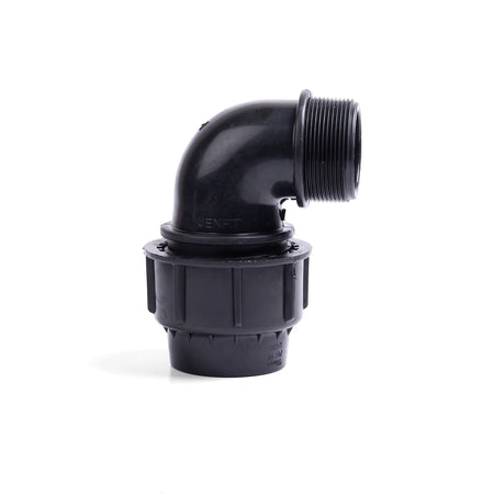 Black Jenfit male elbow fitting, 20mm x 3/4 inch, made of plastic, shown at a 90-degree angle with a threaded end.