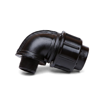 Black Jenfit male elbow fitting, 32mm x 1 1/4 inch, made of durable plastic, shown angled on a white background.