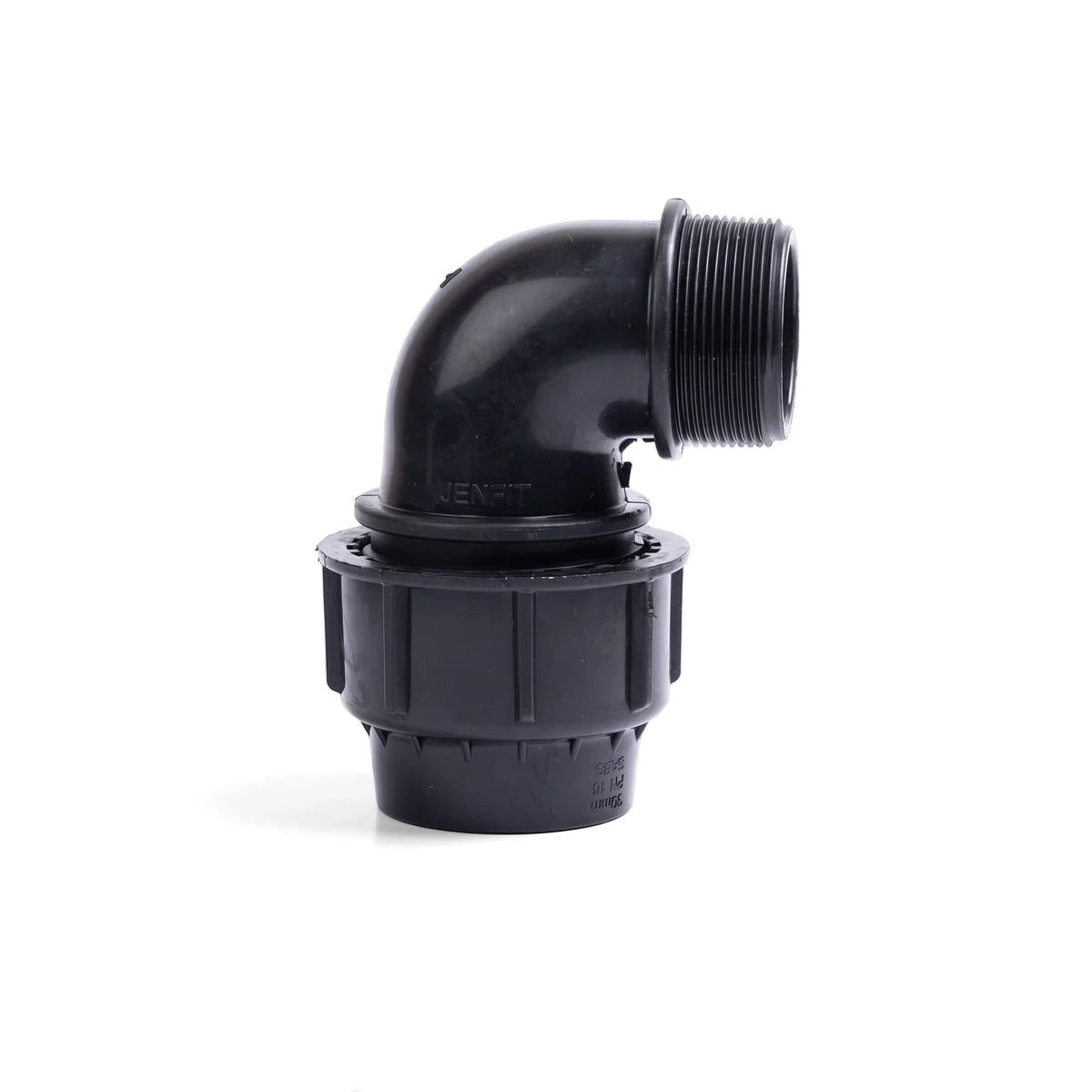 Black plastic Jenfit 90-degree male elbow fitting, 40mm x 1 1/4 inch, viewed from the side on a white background.