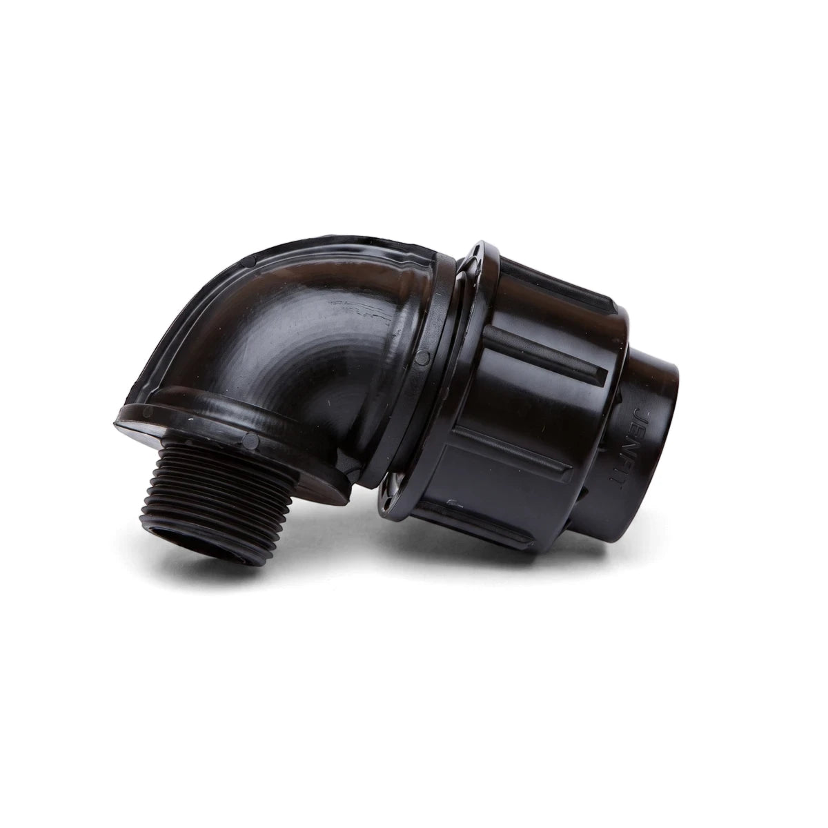 Black plastic Jenfit male elbow pipe fitting, 20mm x 1/2 inch, with threaded and compression ends, for plumbing applications.