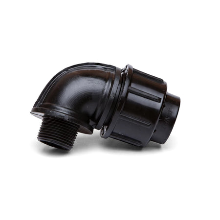 Black plastic Jenfit male elbow pipe fitting, 20mm x 1/2 inch, with threaded and compression ends, for plumbing applications.