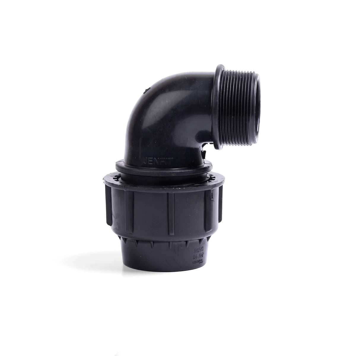Black plastic Jenfit male elbow pipe fitting, 40mm x 1 1/2 inch, with threaded and compression ends, used for plumbing and