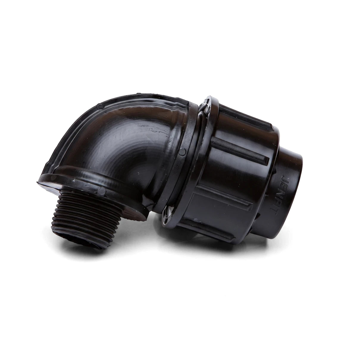 Black plastic Jenfit Male Elbow pipe fitting, 25mm x 1" with a threaded male end and a compression fitting, shown at a
