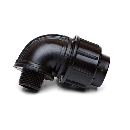 Black plastic Jenfit Male Elbow pipe fitting, 25mm x 1" with a threaded male end and a compression fitting, shown at a