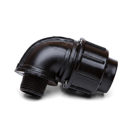 Black plastic Jenfit Male Elbow pipe fitting, 25mm x 1" with a threaded male end and a compression fitting, shown at a
