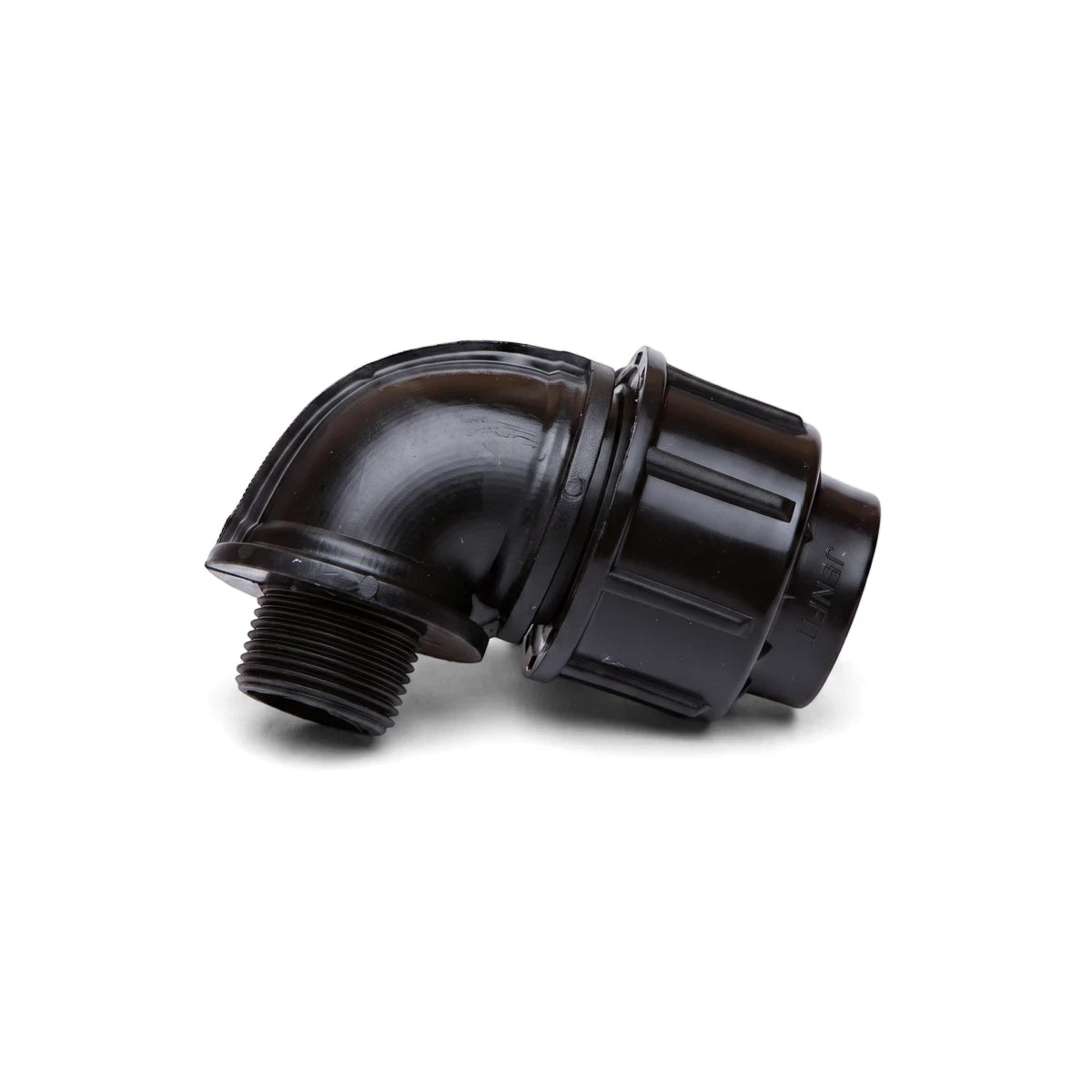 Black Jenfit male elbow pipe fitting, 40mm x 1 1/4 inch, with threaded and compression ends, for plumbing applications.