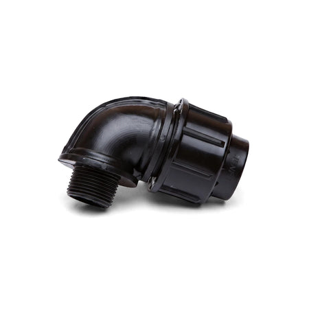 Black Jenfit male elbow pipe fitting, 40mm x 1 1/4 inch, with threaded and compression ends, for plumbing applications.