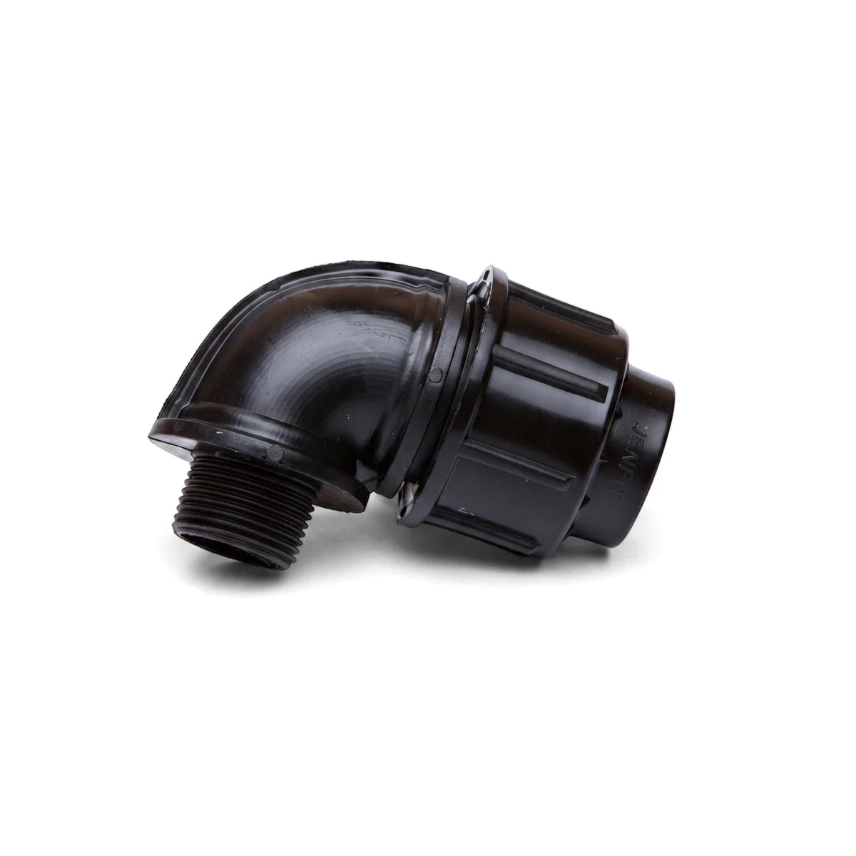 Black Jenfit male elbow pipe fitting, 25mm x 3/4 inch, with a threaded end and a compression fitting, shown at an angle.