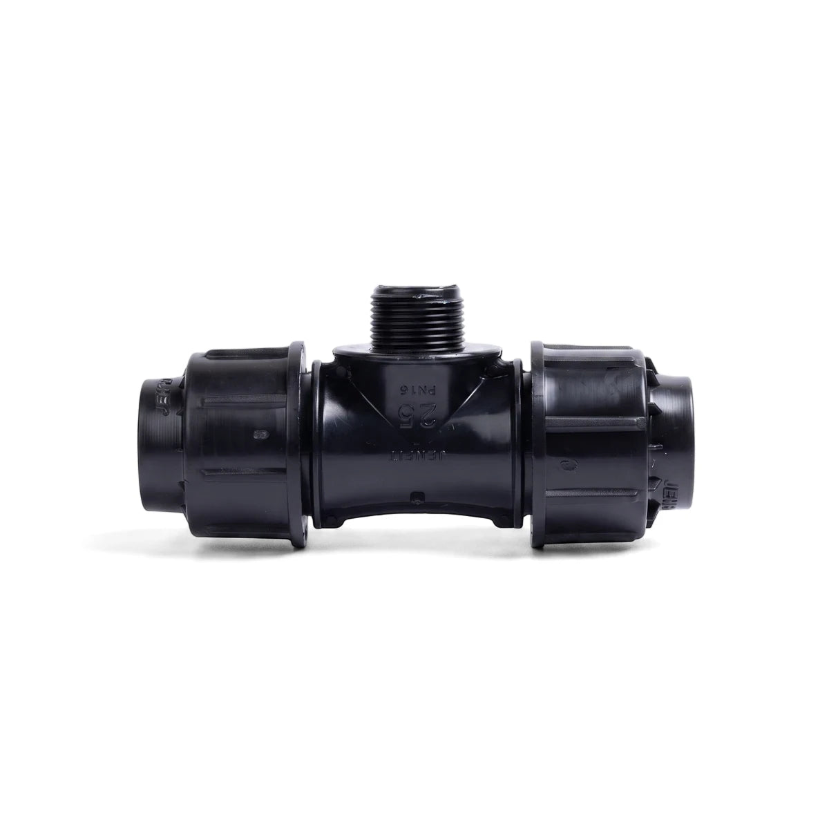 Black Jenfit Male Tee 20mm X 1/2 inch plastic pipe fitting for plumbing and irrigation systems, frontal view.