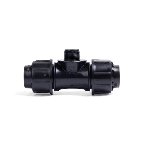 Black Jenfit Male Tee 20mm X 1/2 inch plastic pipe fitting for plumbing and irrigation systems, frontal view.