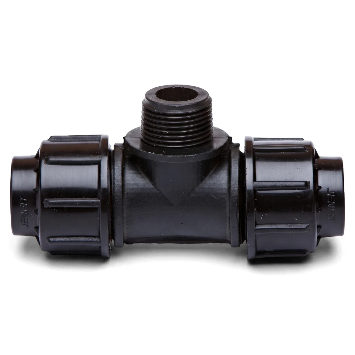 Black plastic Jenfit Male Tee fitting for pipes, 20mm x 1/2 inch threaded connection, viewed from the front.