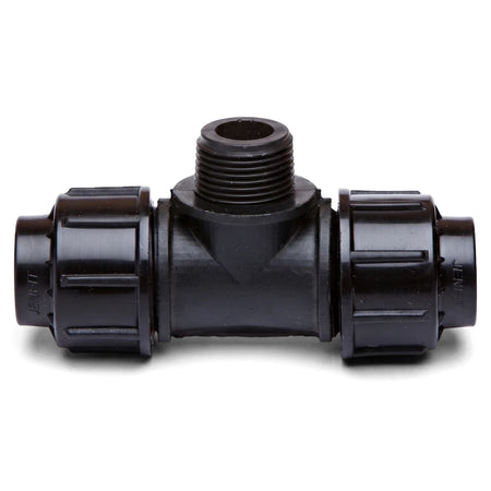 Black plastic Jenfit Male Tee fitting for pipes, 20mm x 1/2 inch threaded connection, viewed from the front.