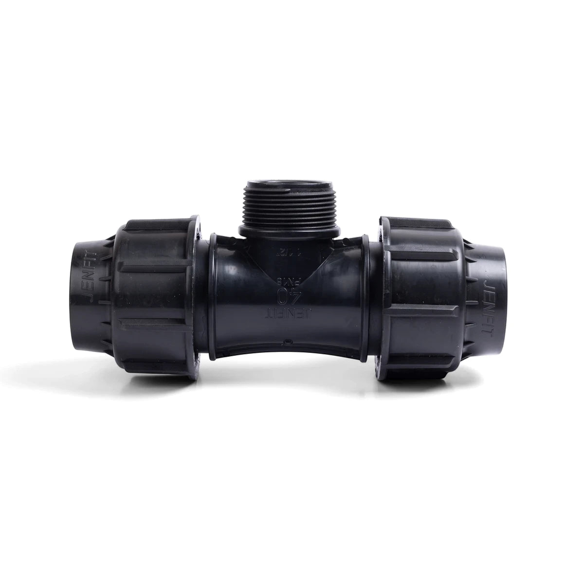 Black Jenfit male tee pipe fitting, 25mm x 1 inch, made of durable plastic, shown in a horizontal view.