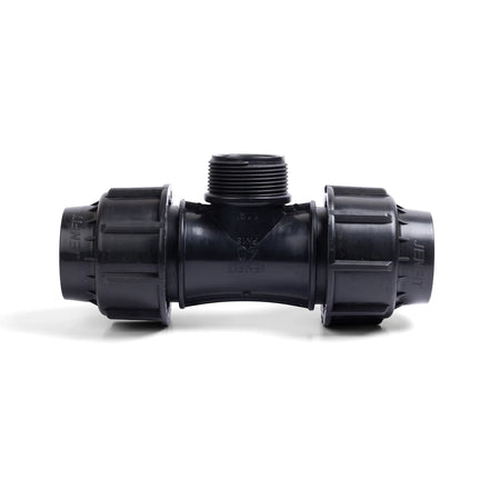 Black Jenfit male tee pipe fitting, 25mm x 1 inch, made of durable plastic, shown in a horizontal view.