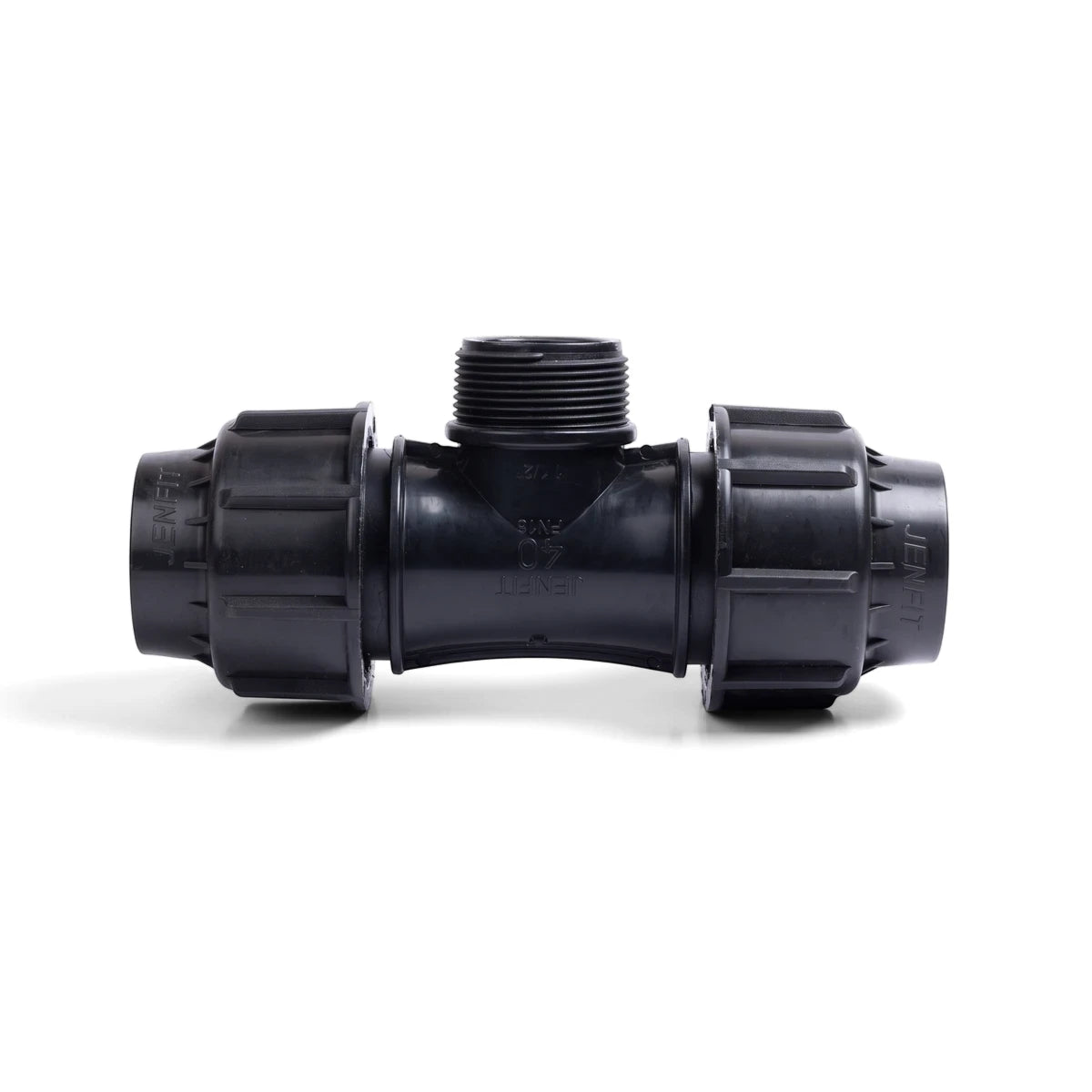 Jenfit black plastic Male Tee pipe fitting, 25mm x 3/4 inch, for irrigation or plumbing systems.