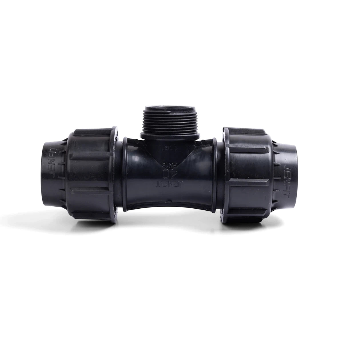Black Jenfit Male Tee 32mm x 1" plastic pipe fitting with threaded male outlet, shown horizontally on a white background.