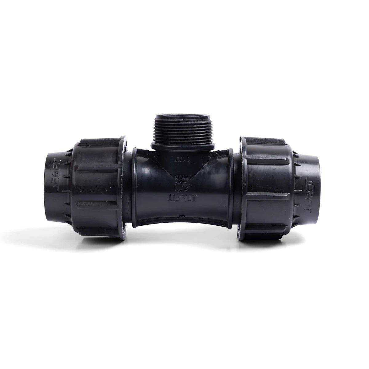 Black Jenfit Male Tee 50mm x 2 inch threaded plastic pipe fitting for plumbing applications, viewed from the side on a white