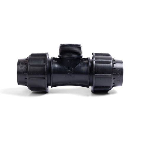 Black plastic Jenfit Male Tee pipe fitting, 63mm x 2 1/2" T-shaped connector with threaded end.