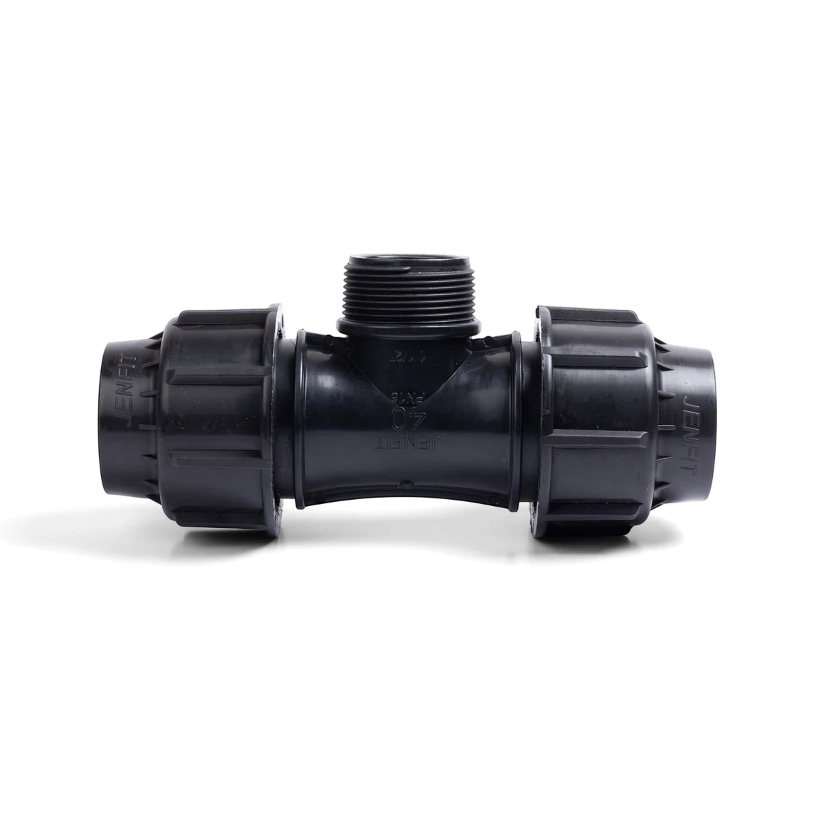 Black plastic Jenfit Male Tee pipe fitting, 63mm x 2 inches, with a threaded male end, shown against a white background.