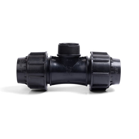 Black plastic Jenfit Male Tee pipe fitting, 63mm x 2 inches, with a threaded male end, shown against a white background.