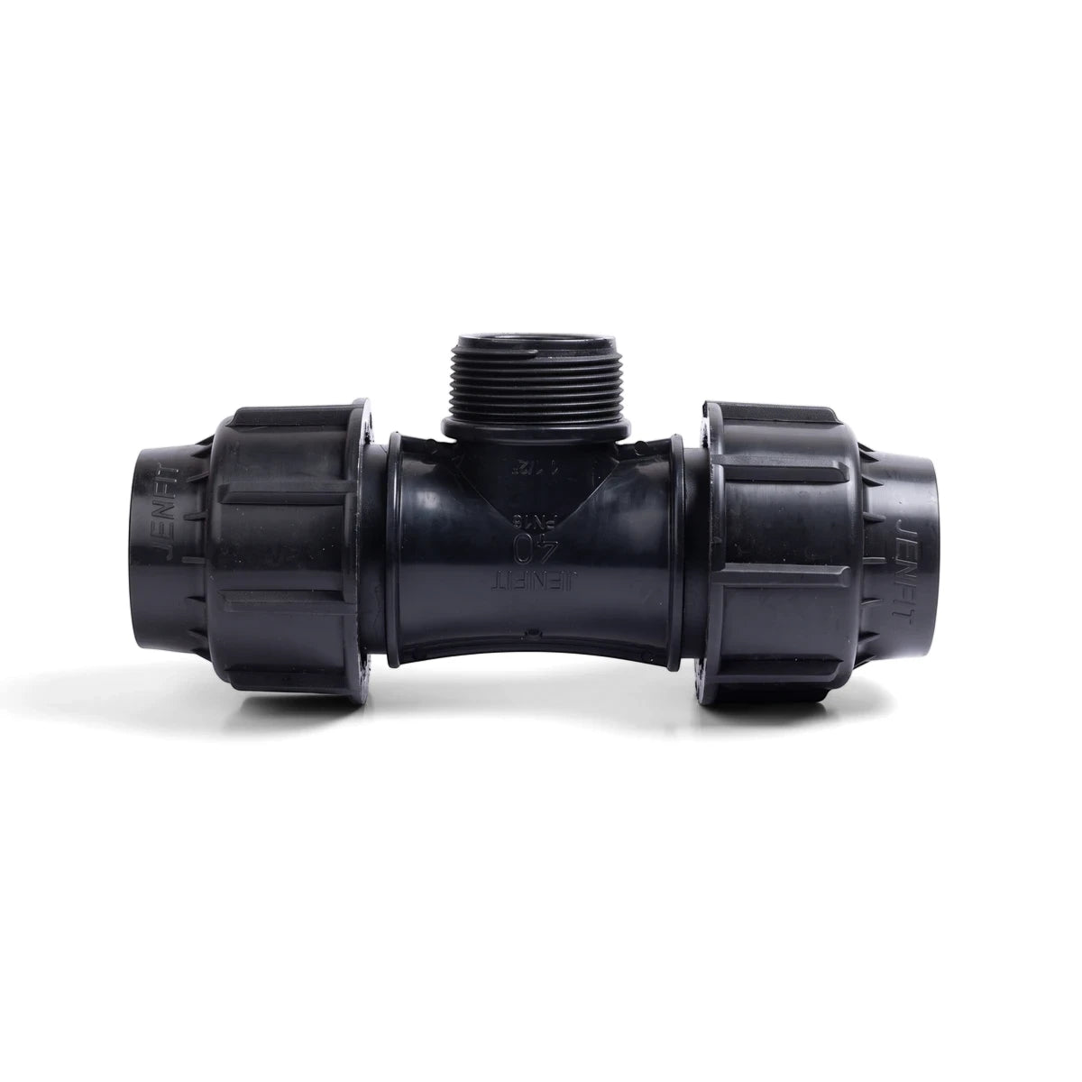 Black Jenfit male tee pipe fitting, 50mm x 1 1/2 inch, for plumbing and irrigation connections.