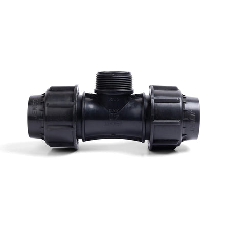 Black Jenfit male tee pipe fitting, 50mm x 1 1/2 inch, for plumbing and irrigation connections.