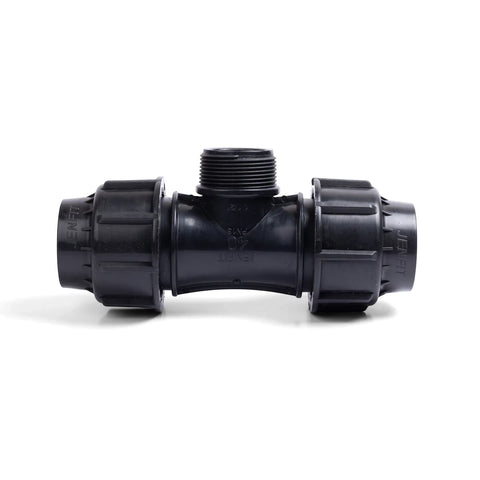 Black Jenfit male tee pipe fitting, 50mm x 1 1/2 inch, for plumbing and irrigation connections.