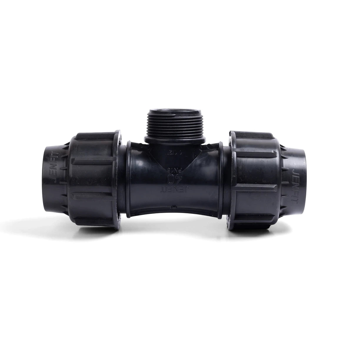 Black plastic Jenfit Male Tee pipe fitting with threaded connection, 32mm x 1 1/4" dimensions, shown against a white