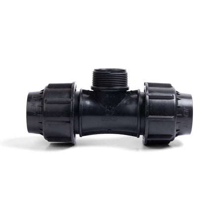Black plastic Jenfit Male Tee pipe fitting with threaded connection, 32mm x 1 1/4" dimensions, shown against a white