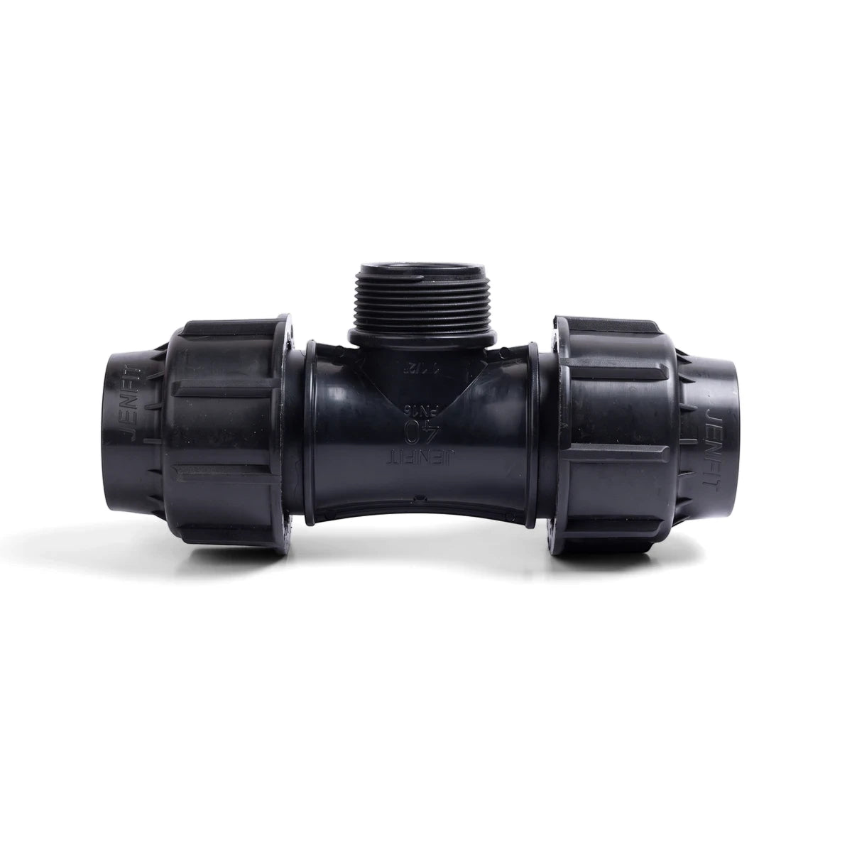 Black plastic Jenfit Male Tee (Tem20X3/4) pipe fitting, T-shaped with a male threaded end and ribbed connections.