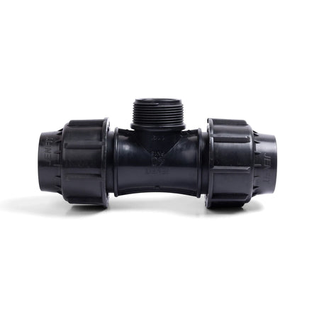 Black plastic Jenfit Male Tee (Tem20X3/4) pipe fitting, T-shaped with a male threaded end and ribbed connections.
