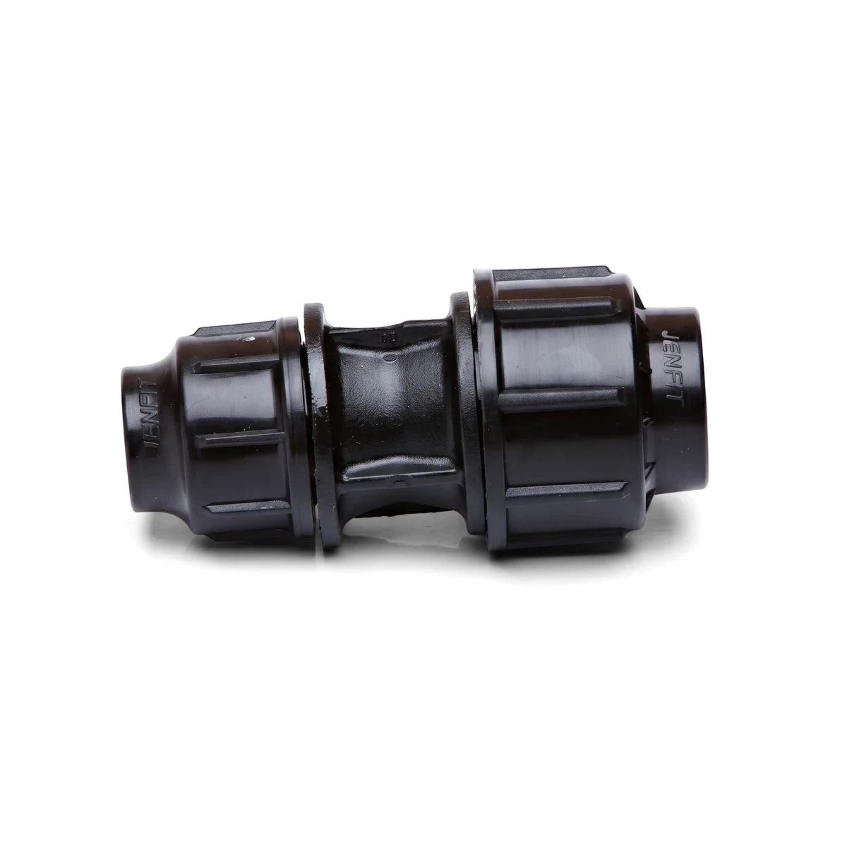 Black Jenfit reducing coupling, 40mm x 25mm, designed for connecting pipes in plumbing or irrigation systems.