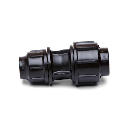 Black Jenfit reducing coupling, 40mm x 25mm, designed for connecting pipes in plumbing or irrigation systems.
