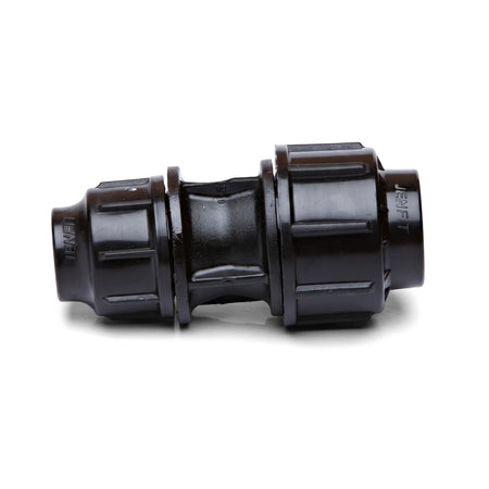 Black plastic Jenfit reducing coupling, 50mm X 40mm, an industrial pipe fitting, shown in a studio setting.