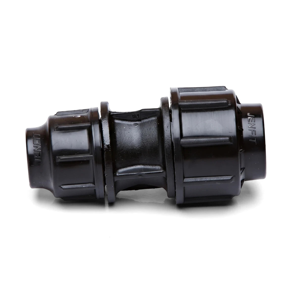 A black Jenfit reducing coupling, 50mm X 32mm, made of plastic, photographed on a clean white background.
