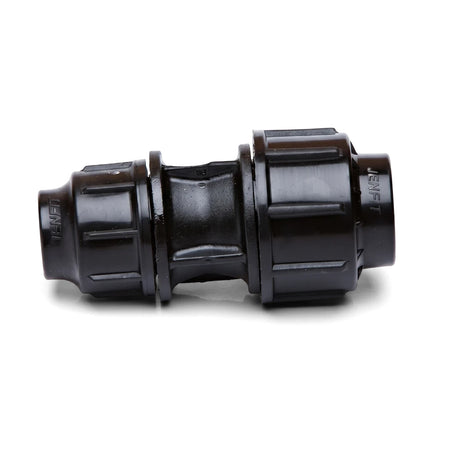 A black Jenfit reducing coupling, 50mm X 32mm, made of plastic, photographed on a clean white background.