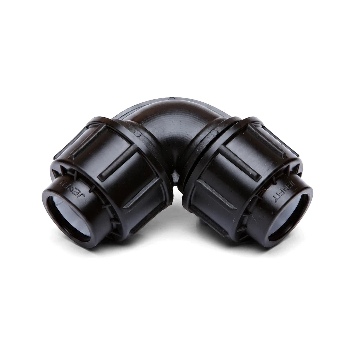 Jenfit/Sab 63mm equal elbow pipe fitting made of black plastic, designed for irrigation, viewed from an elevated angle.