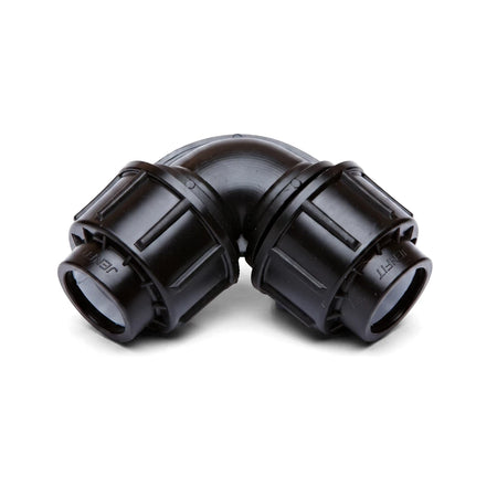 Jenfit/Sab 63mm equal elbow pipe fitting made of black plastic, designed for irrigation, viewed from an elevated angle.