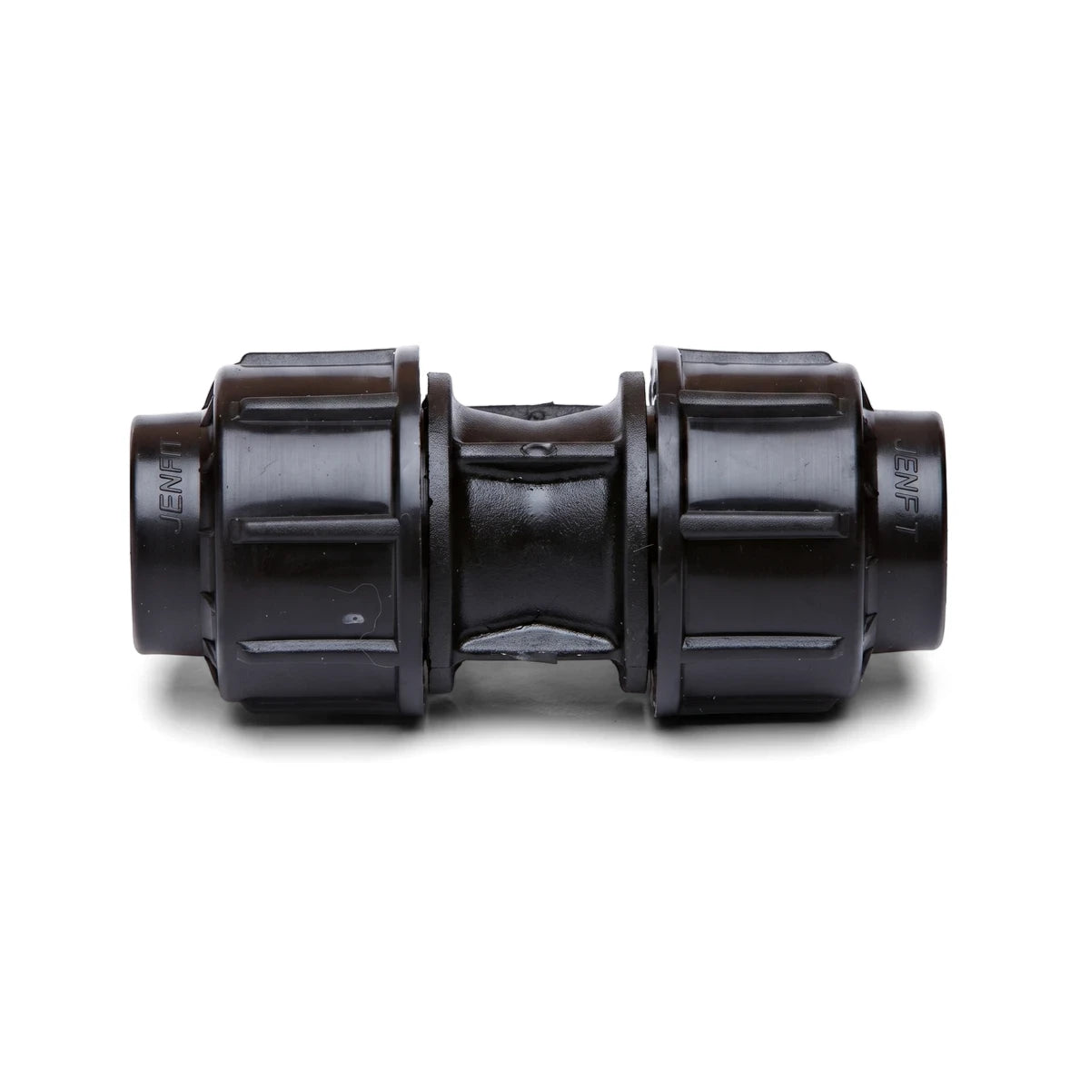 Black Jenfit/Sab 63mm straight coupling, a rigid plastic pipe connector for plumbing applications, isolated on a white