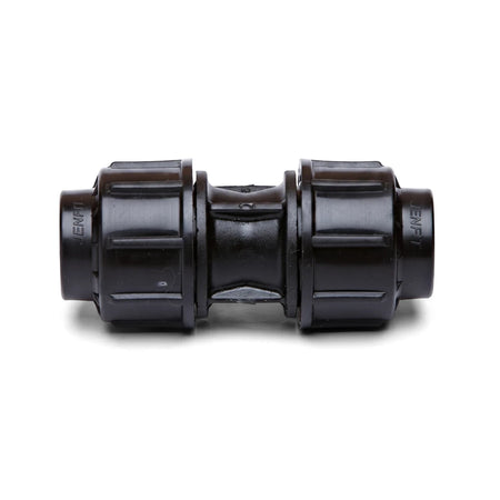 Black Jenfit/Sab 63mm straight coupling, a rigid plastic pipe connector for plumbing applications, isolated on a white