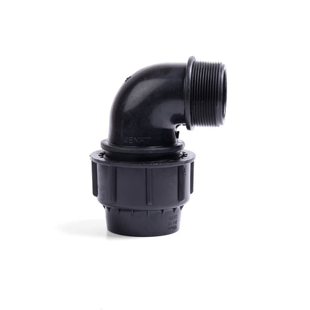 Black Jenfit/Sab 63mm X 2 1/2 inch male elbow pipe fitting, made of durable plastic, shown in a 90-degree angled view.